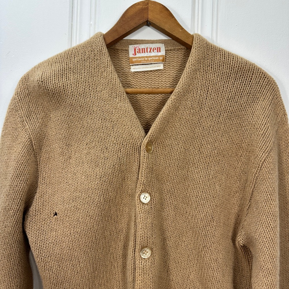 Vintage 1960s Jantzen Shetland Wool Cardigan M Camel Brown Made USA Grandpa - Picture 2 of 9